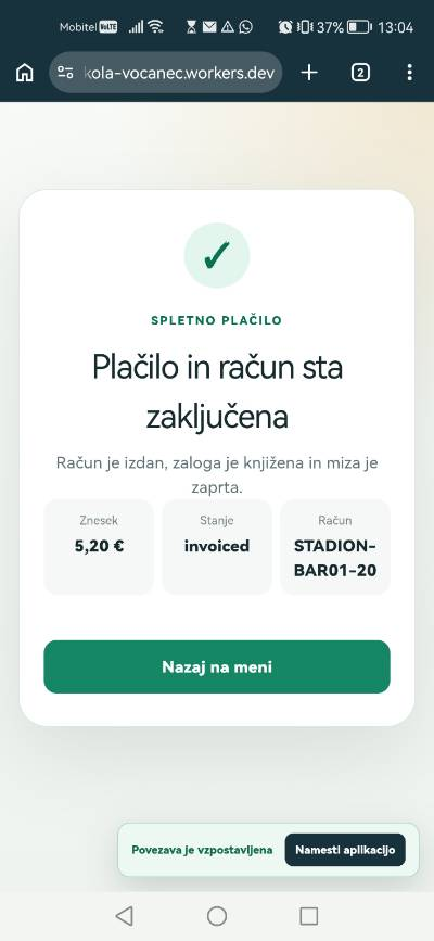 Potrditev uspešnega spletnega plačila na gostovem telefonu